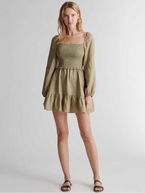 Quince 100% European Linen Smocked Long Sleeve Mini Dress Washed Olive small